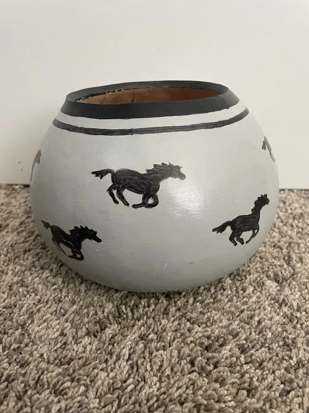 Gourd Bowl Vase Horses Hand-painted Hand Carved 2010 Signed Southwestern